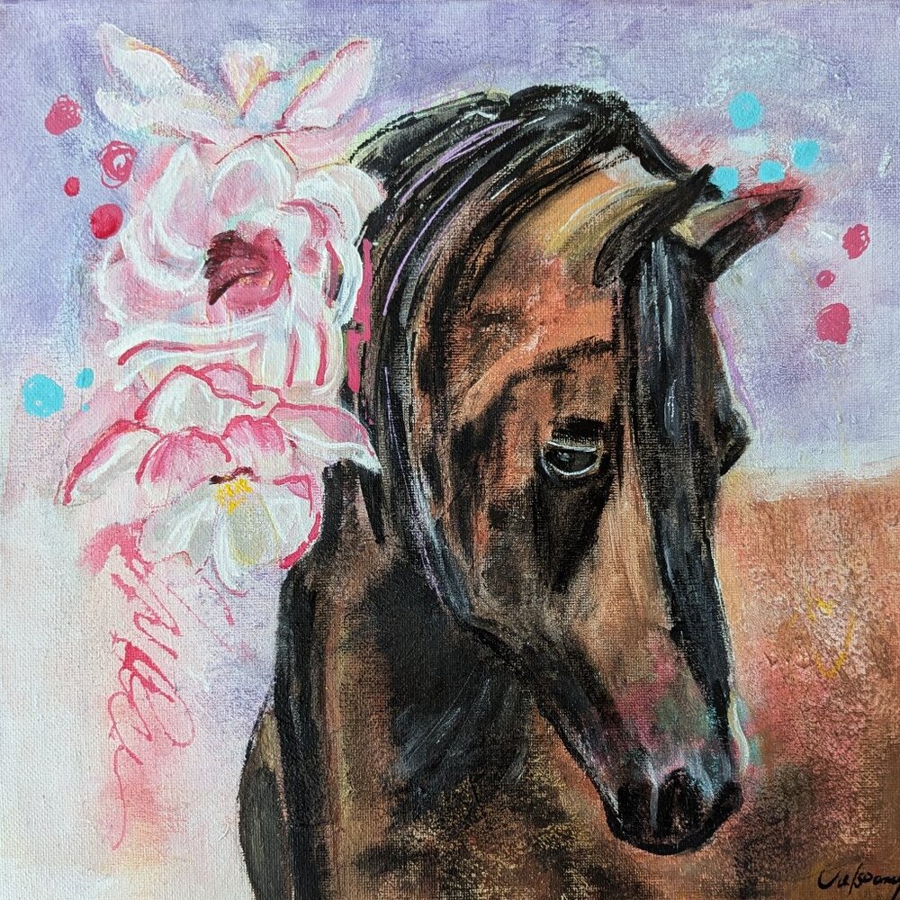 Original Horse with Flower Painting Wall Art Decor on Canvas